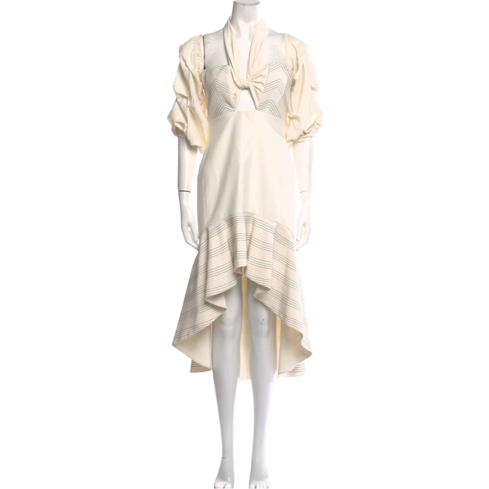 Alexis Elegant Cream Off-The-Shoulder Striped Cabo Knee Length Tie Dress